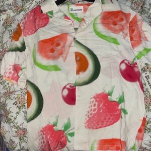 No Boundaries Fruit Print Button Down Shirt - Pink, Green, White